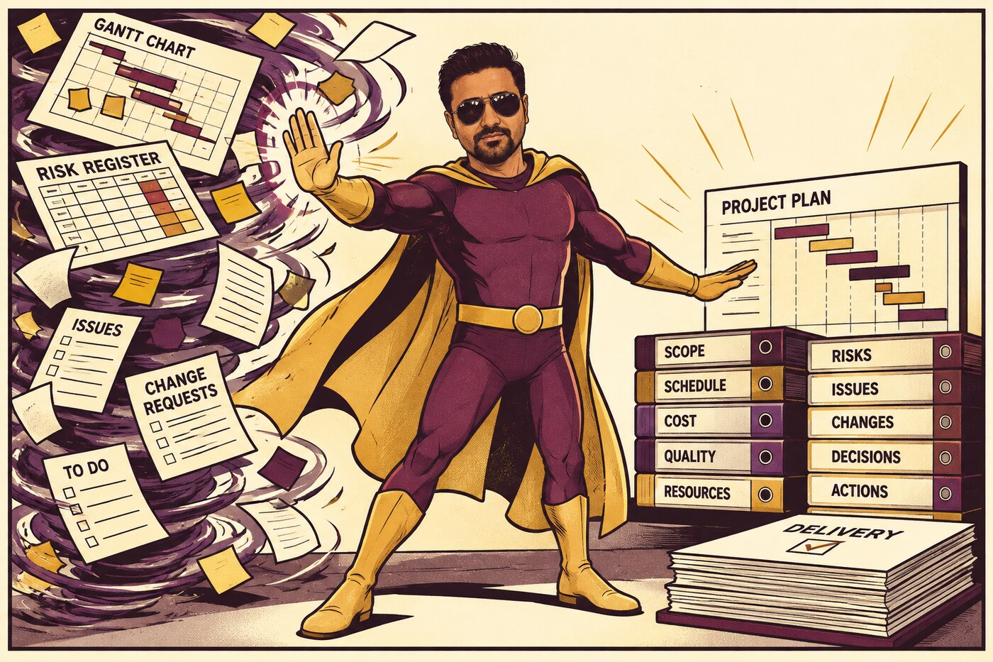 Illustrated caped superhero calmly directing a swirling storm of Gantt charts, risk registers and change requests into neat labeled binders.